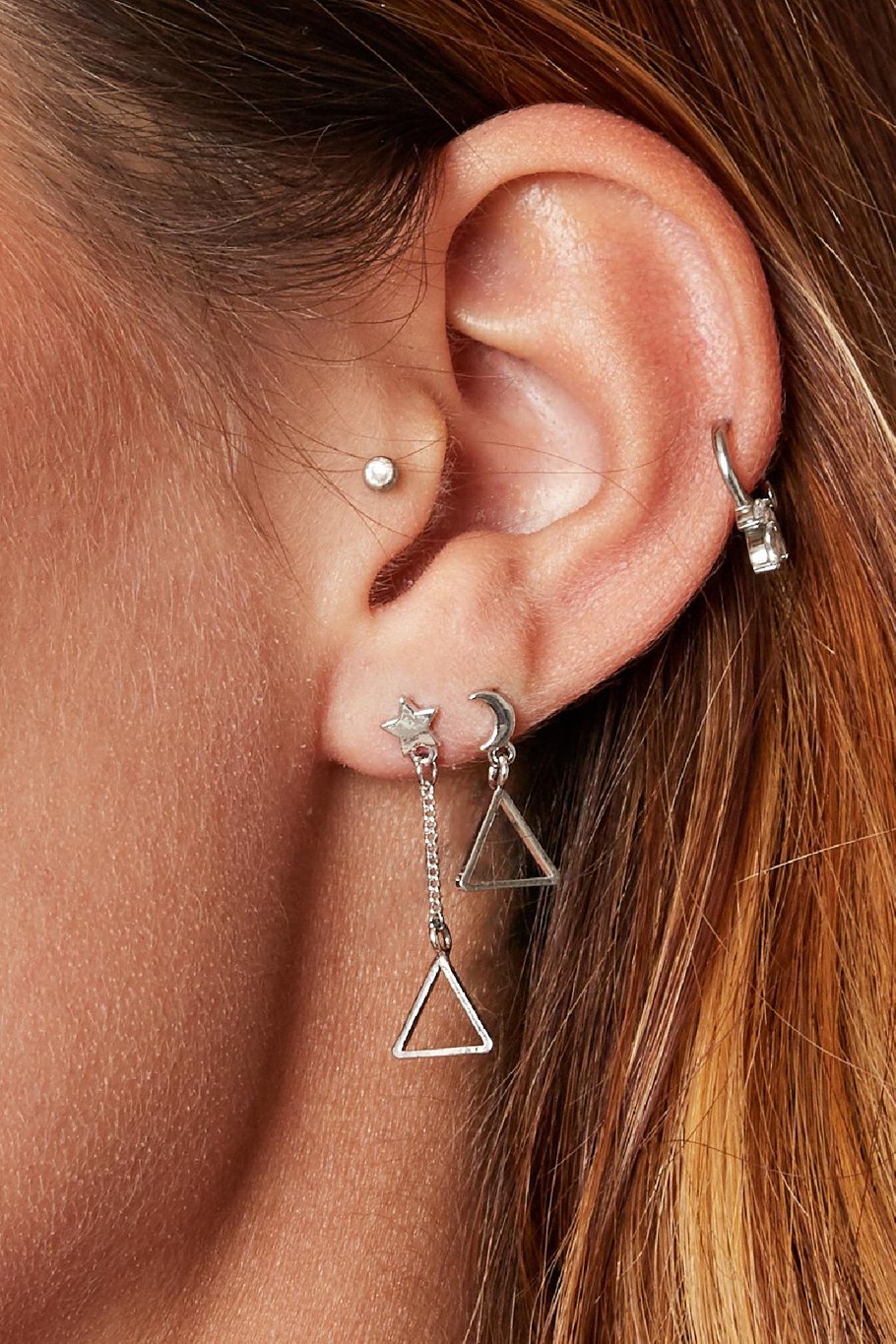 Zilveren Asymmetrische Oorbellen – Maan, Ster & Triangle