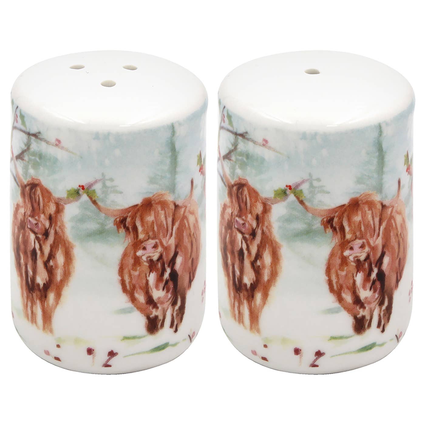Keramieken kerst zout- en peperstrooiers met illustratie van Schotse Hooglanders in sneeuw met hulst – set van twee