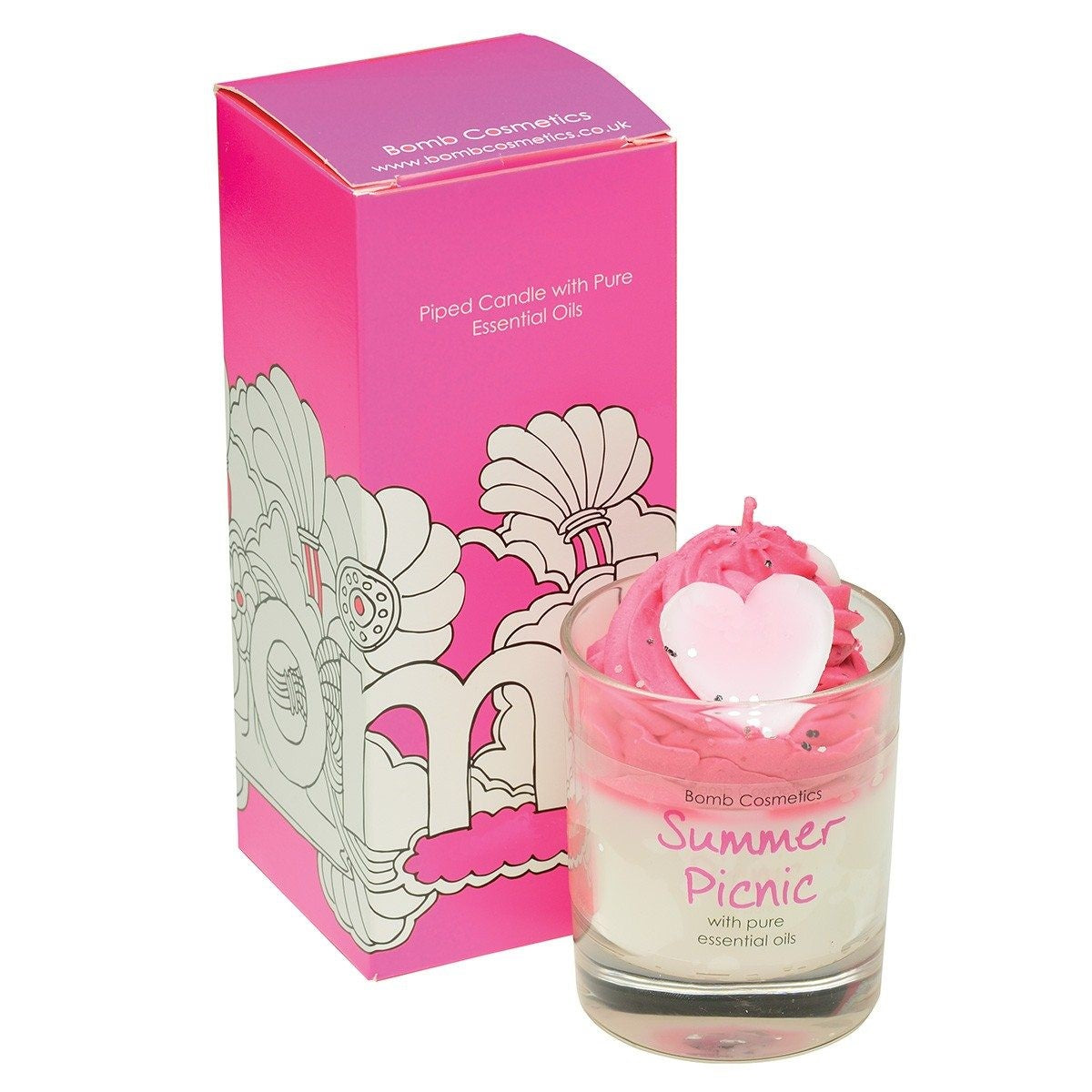 Bomb Cosmetics Summer Picnic geurkaars in glas – handgemaakt, vegan, tropische geur van ananas, peer en aardbei met speels roze design