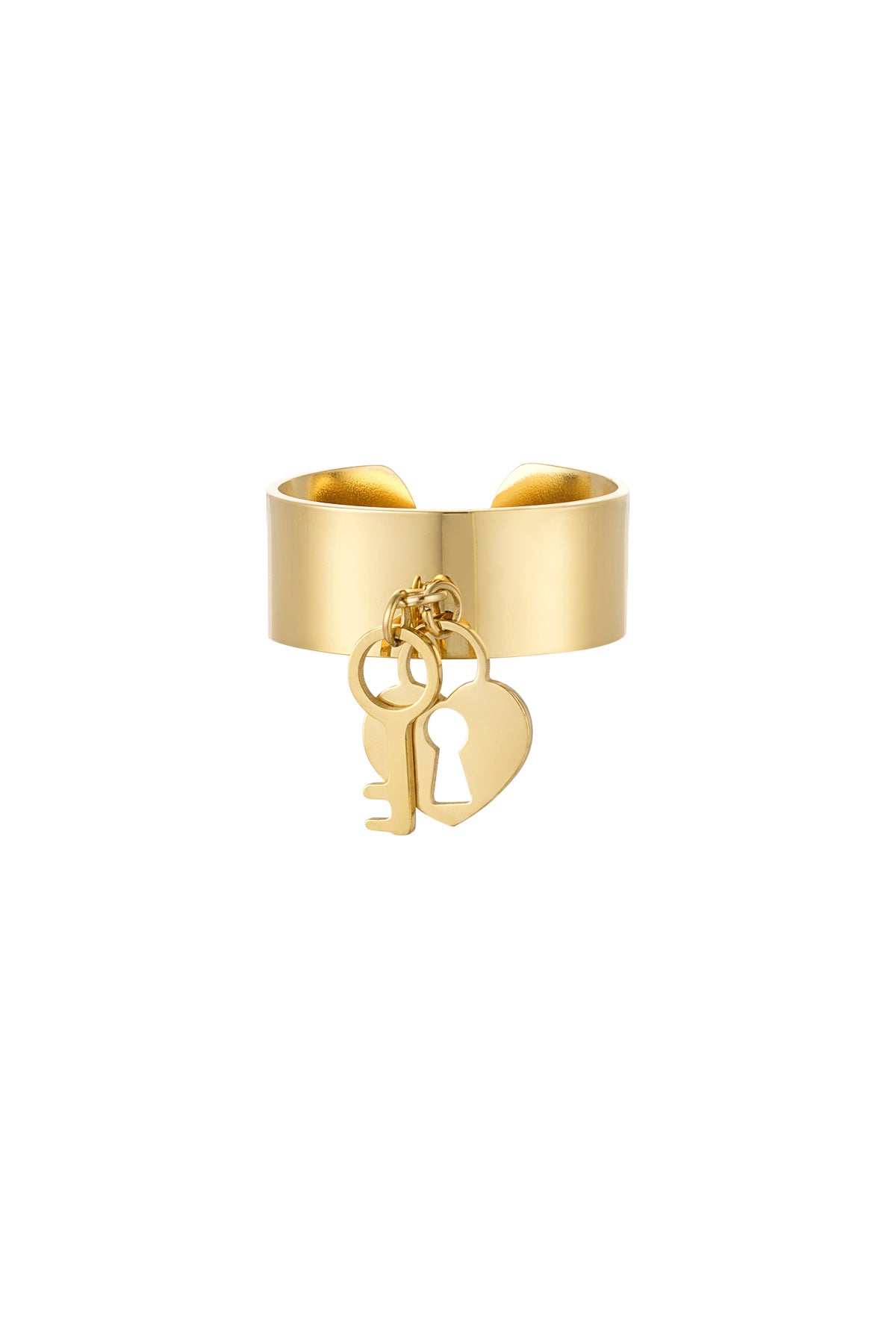 Gouden hart en sleutel ring – verstelbare stainless steel damesring – Krokomingo
