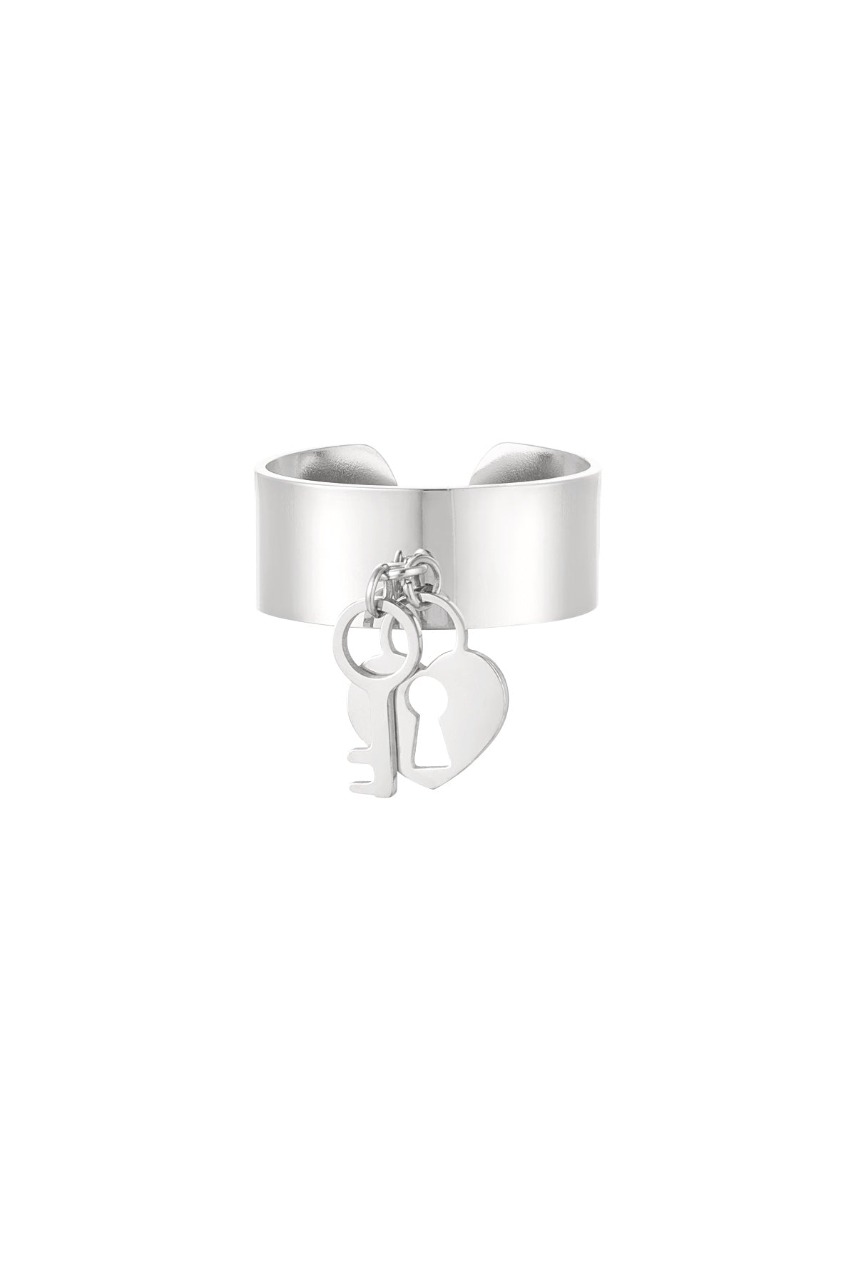 Zilveren hart en sleutel ring – verstelbare stainless steel damesring – Krokomingo