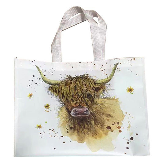 Duurzame shopper met afbeelding van Schotse Hooglander koe – gelamineerd polypropyleen, wit/bruin – 33×40×18 cm