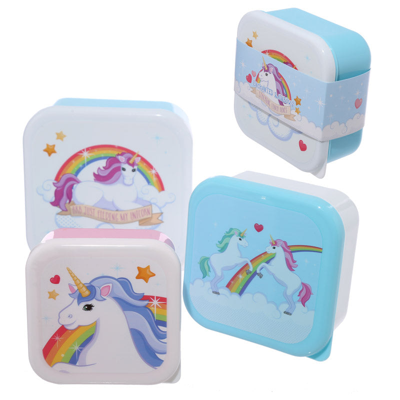 Set van 3 unicorn snackdoosjes in blauw, roze en wit met regenboogprint – Puckator