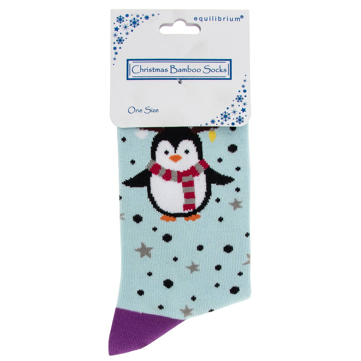 Equilibrium luxe bamboe kerstsokken dames lichtblauw met pinguïn, gestreepte sjaal, zwarte stippen, grijze sterren en paarse teen maat 36-41