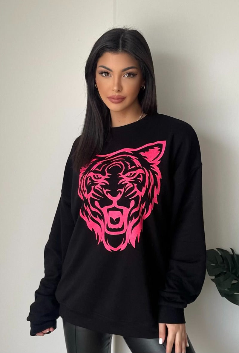 Zwarte Sweater – Neon Roze Tijger – Onesize