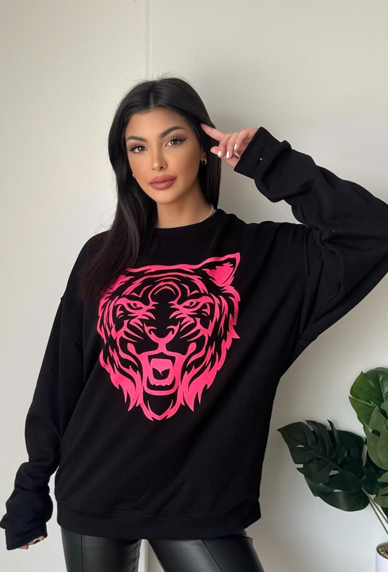 Zwarte Sweater – Neon Roze Tijger – Onesize