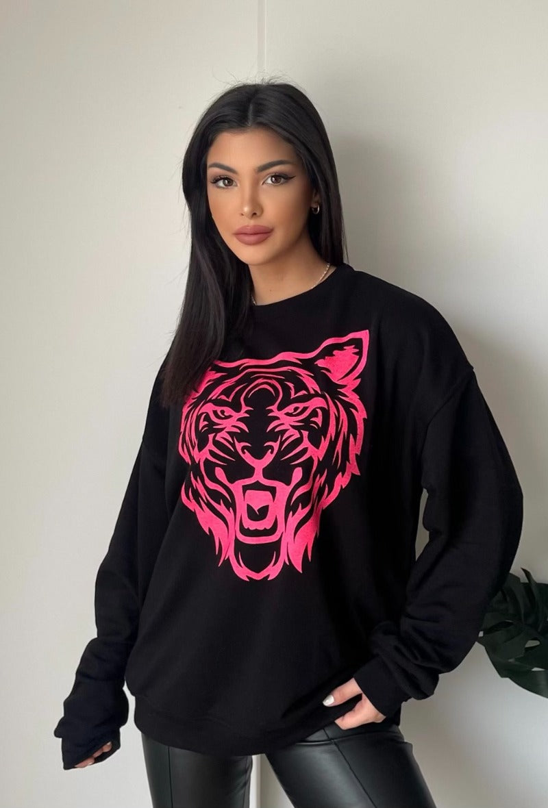 Zwarte sweater met neon roze tijgerkop print – trendy damesmode