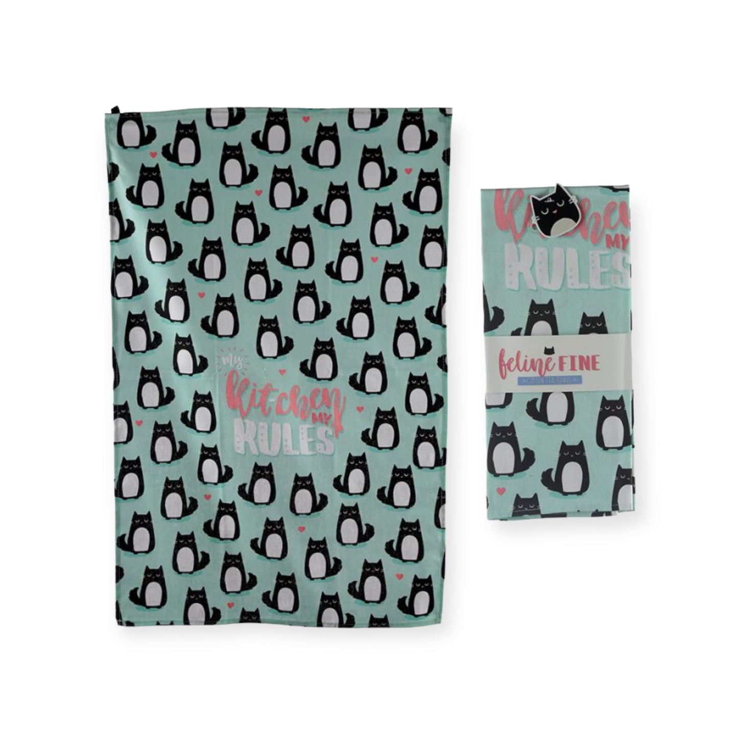 Mintgroene theedoek met kattenprint en tekst "My Kitchen My Rules" – 45 x 69 cm