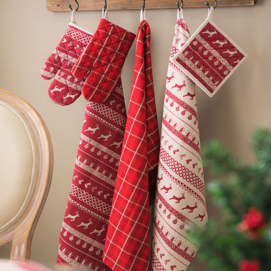 Rode kerst theedoek van katoen met rendierenprint – 50x85 cm – Clayre & Eef