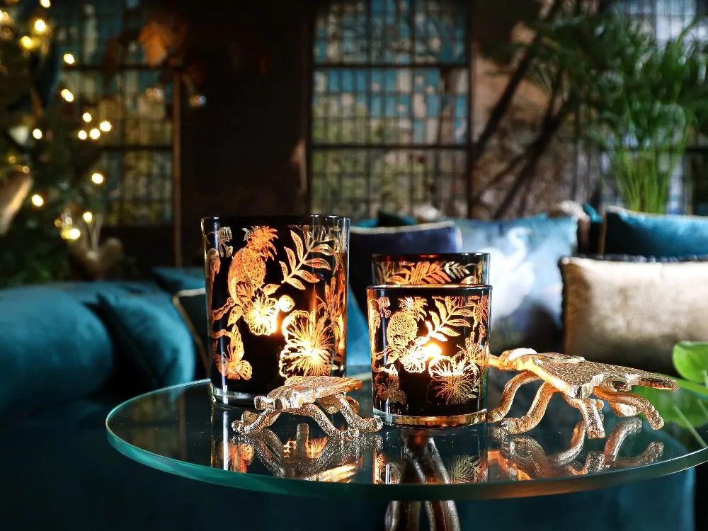 Theelichthouder Set – Zwart Goud Papegaaien – Glas