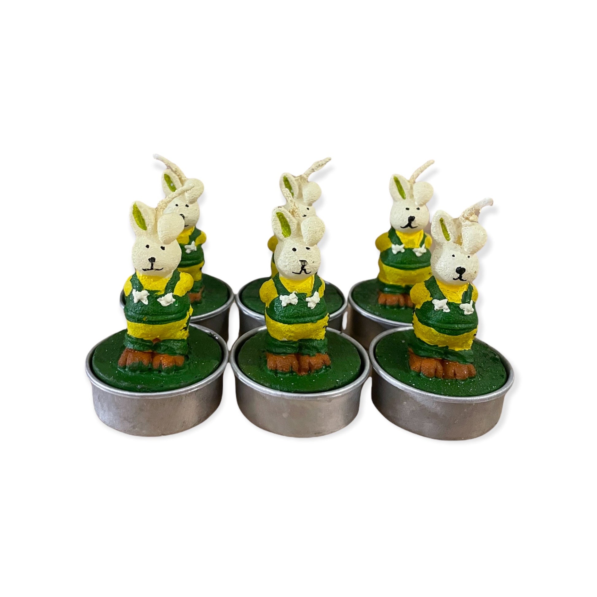 Set van 6 theelichtjes in de vorm van paashazen – groen of bruin