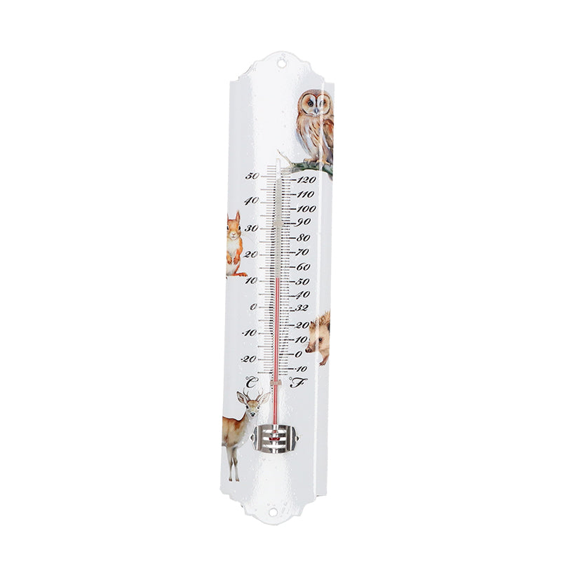 Witte wandthermometer met illustraties van bosdieren – uil, eekhoorn, egel en hert – 29,5 cm