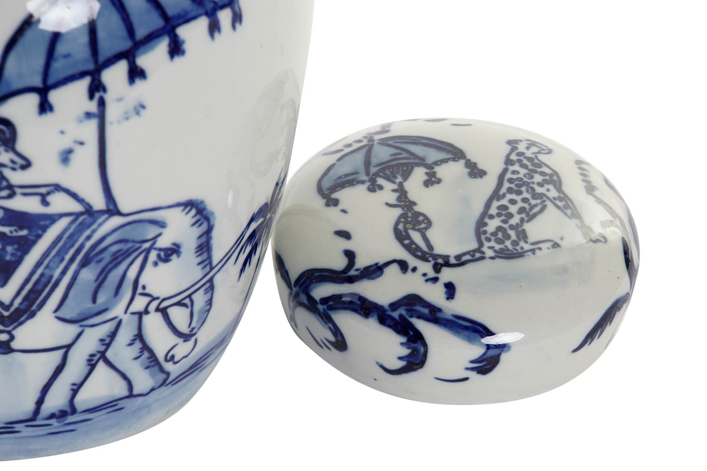 Blauw-Witte Voorraadpot met Olifant – Porselein