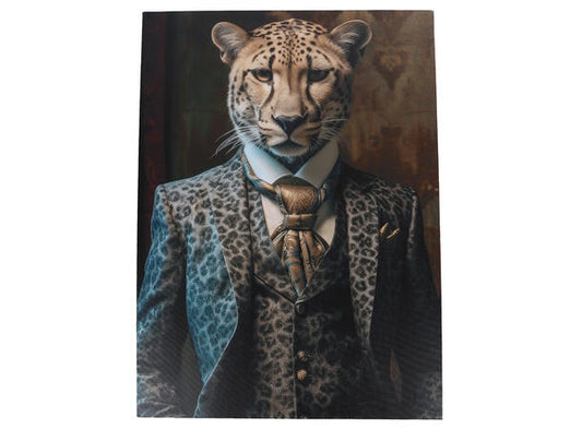 Canvas jachtluipaard in pak – luxe dierenportret op doek – 70x50 cm – Krokomingo wanddecoratie