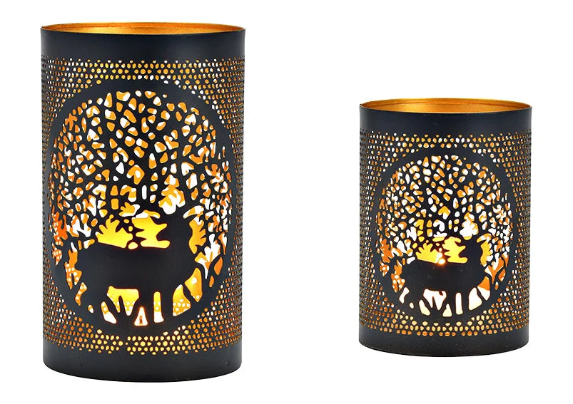 Windlichten rendieren zwart met goud – set van 2 – luxe kerstdecoratie