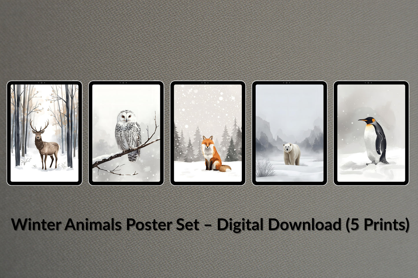 Set of 5 printable Scandinavian winter animal posters – deer, fox, owl, polar bear, and penguin in soft neutral tones