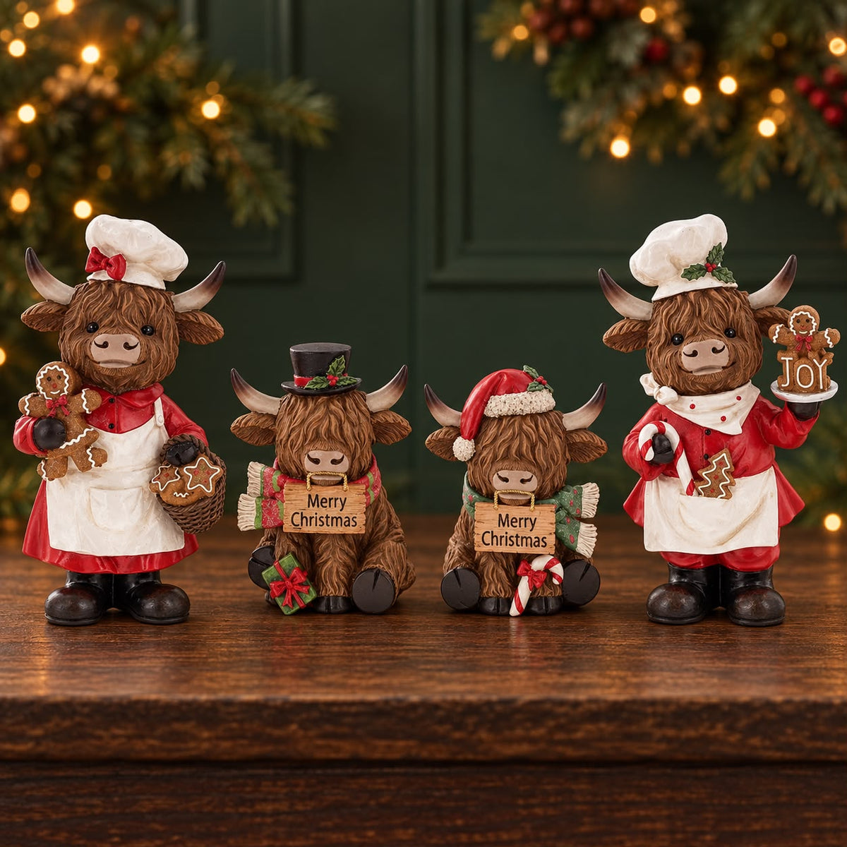 Kerstdecoratie met grote en kleine Highlander kerstbeelden in feestelijke kleding.