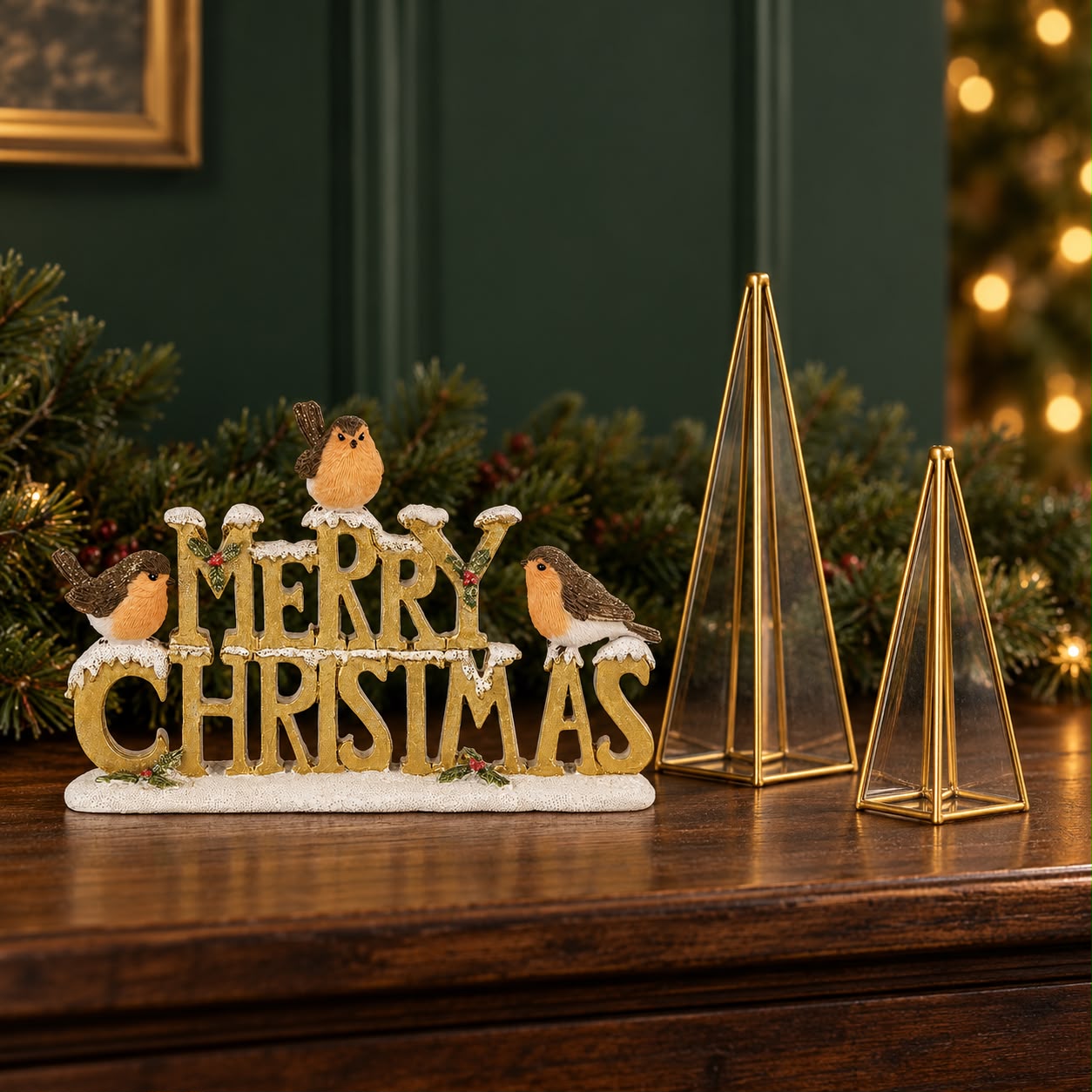 Kerstdecoratie voor in huis met Merry Christmas-beeld en gouden glazen kerstboompjes van 15 en 20 cm.