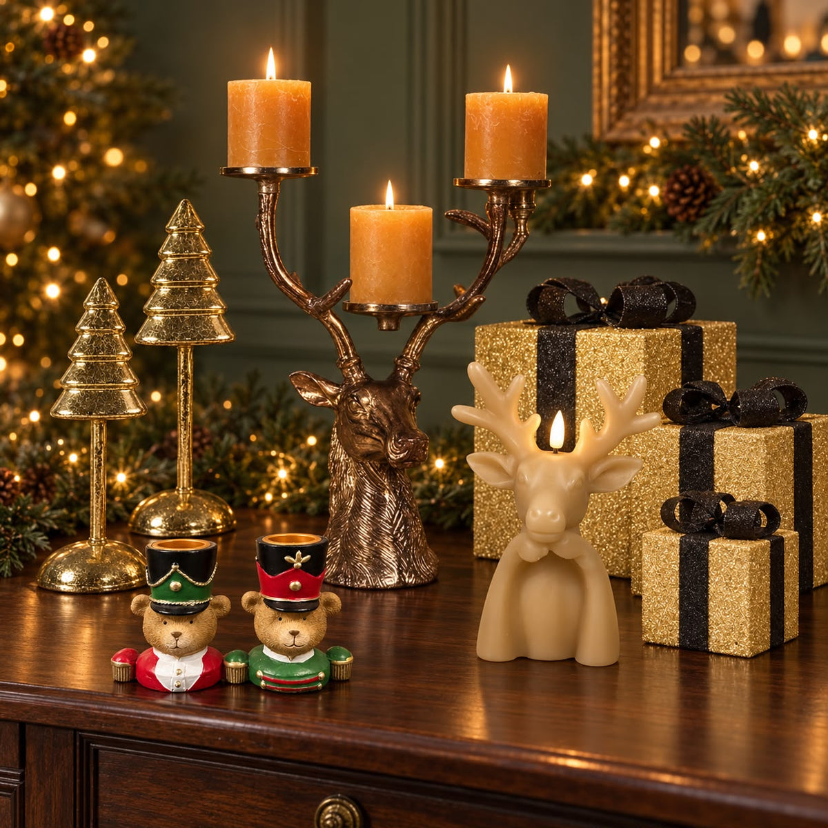 Luxe kerstdecoratie met hertenkandelaar, rendierkaars, kerstbeertjes, gouden boompjes en cadeaudozen.