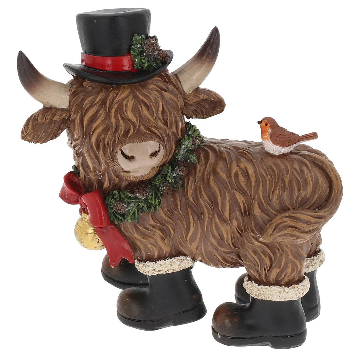 Schottisches Hochlandrind Weihnachtsfigur stehend – Weihnachtsmütze oder Zylinder | 14 cm