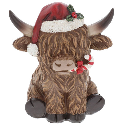 Schottisches Hochlandrind-Weihnachtsfigur – Weihnachtsmütze oder Zylinder | 11 cm