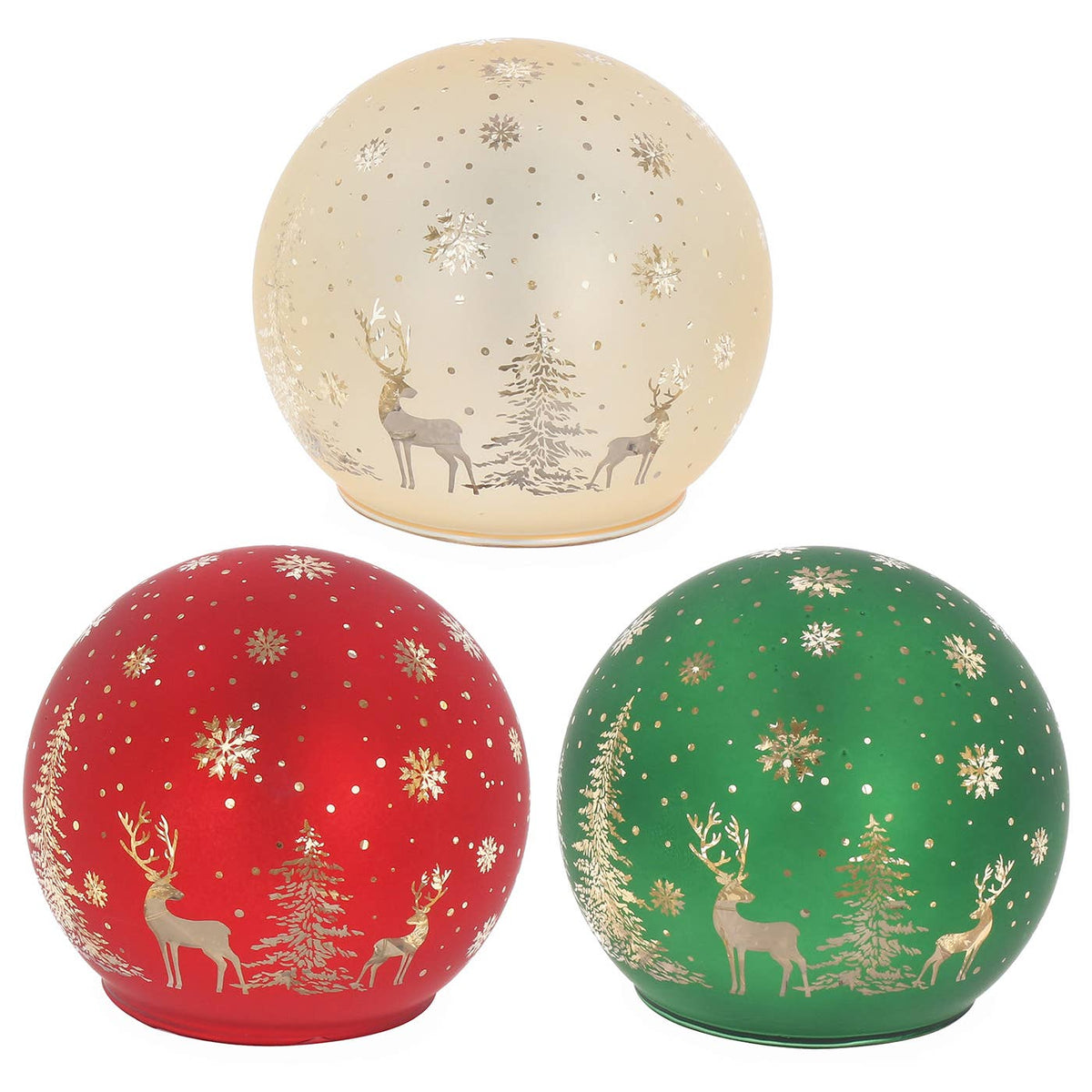 Glazen LED Kerstbal met Herten & Winterbos – Goud, Rood of Groen | 10 cm