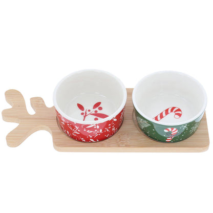 Weihnachts-Snackset mit 2 Keramikschalen & Holz-Rentierbrett – 25 cm