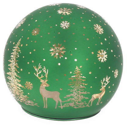 Glazen LED Kerstbal met Herten & Winterbos – Goud, Rood of Groen | 10 cm
