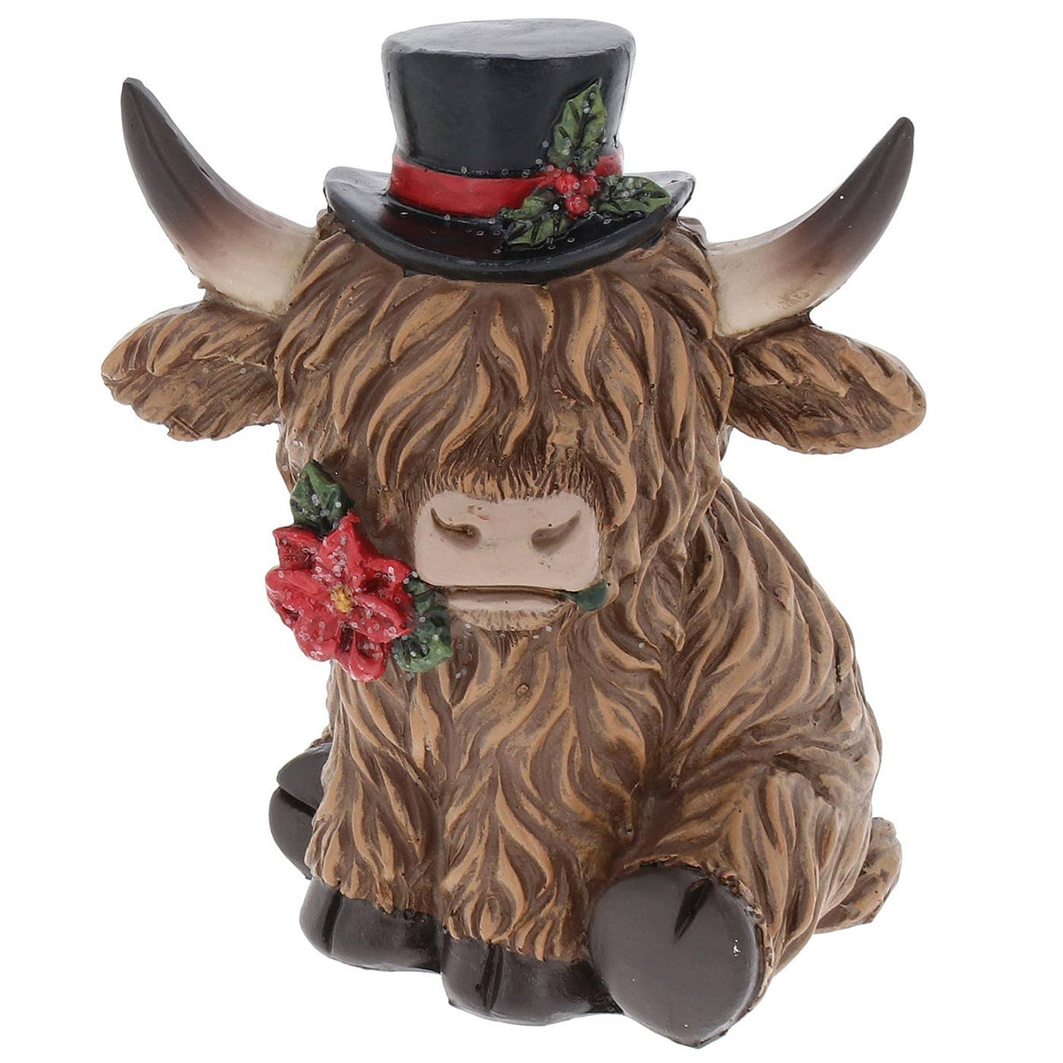 Schottisches Hochlandrind-Weihnachtsfigur – Weihnachtsmütze oder Zylinder | 11 cm
