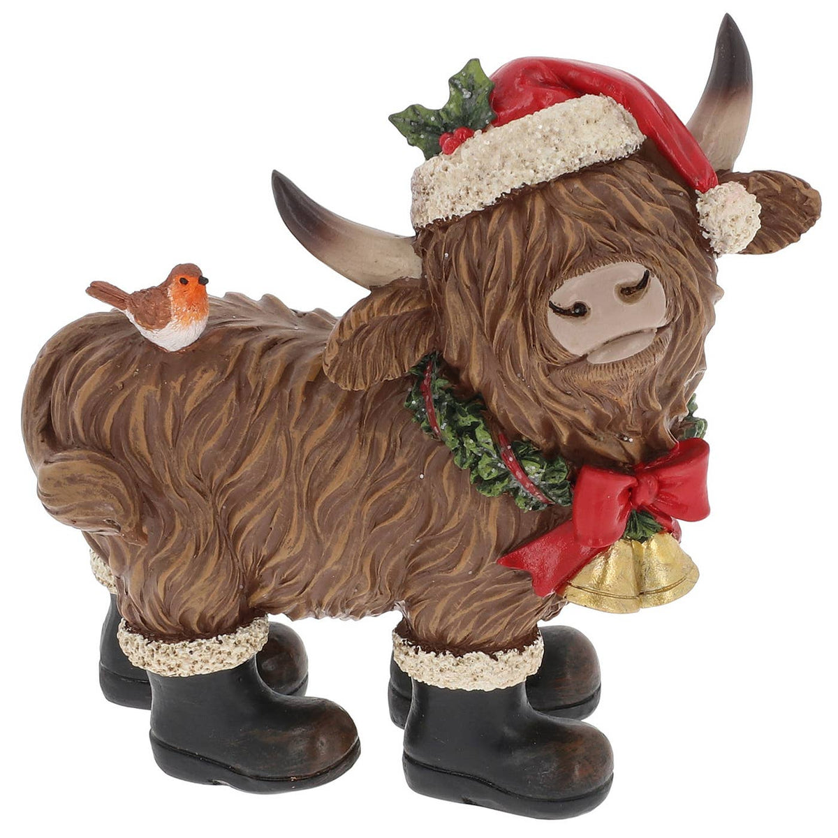 Schottisches Hochlandrind Weihnachtsfigur stehend – Weihnachtsmütze oder Zylinder | 14 cm