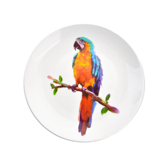 decoratief rond wandbord met een papegaai
