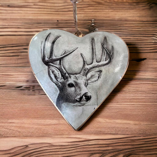 Grijze metalen kerst hanger in hartvorm met afbeelding van een hert en gouden rand – 15,4 cm – Bell Arte