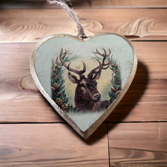 Houten kerst hanger in hartvorm met afbeelding van een hert en gouden rand – 11 cm – Bell Arte