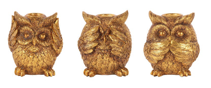 Golden Owl Candlestick – Hear, See or Speak No Evil – 9 cm