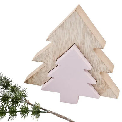 Handgemaakte houten kerstbomen in roze en bruin – 13 cm – Krokomingo