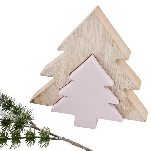 Handgemaakte houten kerstbomen in roze en bruin – 13 cm – Krokomingo