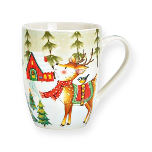 Porseleinen kerstmok met hertenprint in rood, wit, groen en beige – 280 ml – Gebr. Wurm