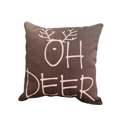 Kastanjebruin sierkussen met roze tekst ‘Oh Deer’ en rendiergewei – katoen – 45x45 cm – Overseas
