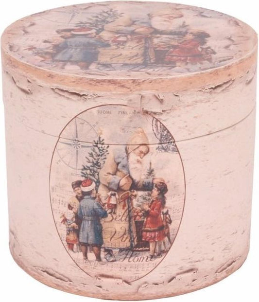 Nostalgische opbergdoos met kerstman en kinderen – Dutch Style – Ø 20 x 18 cm – beige – handgemaakt