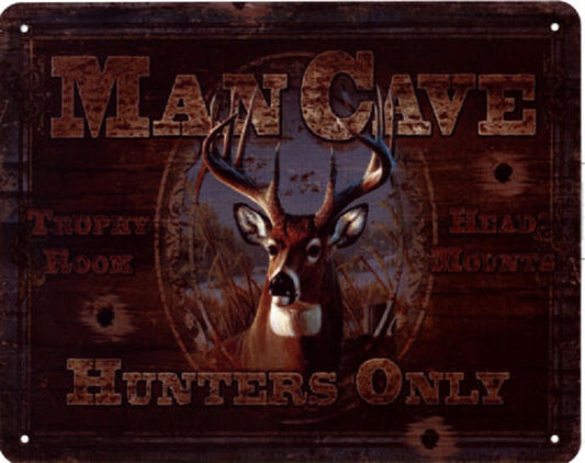 Vintage metalen wandplaat met hert en tekst “Man Cave Hunters Only” – 20x25 cm – rustieke decoratie