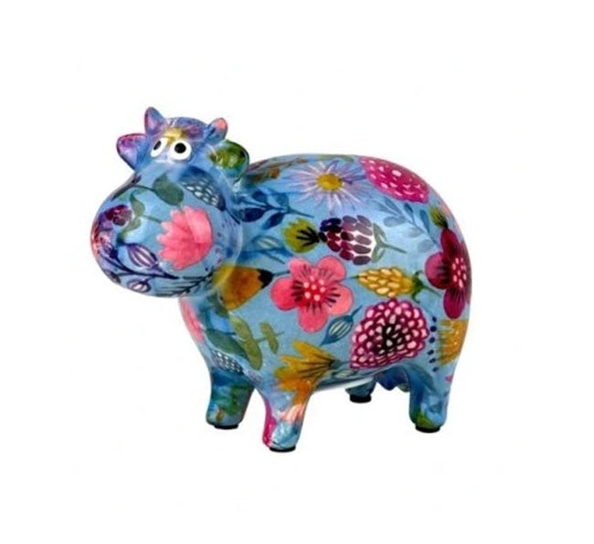 Pomme Pidou spaarpot koe Bella – blauw keramiek met bloemenprint – 16 cm – Krokomingo