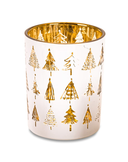 Theelichthouder Wit Glas – Gouden Kerstbomen – 2 Maten