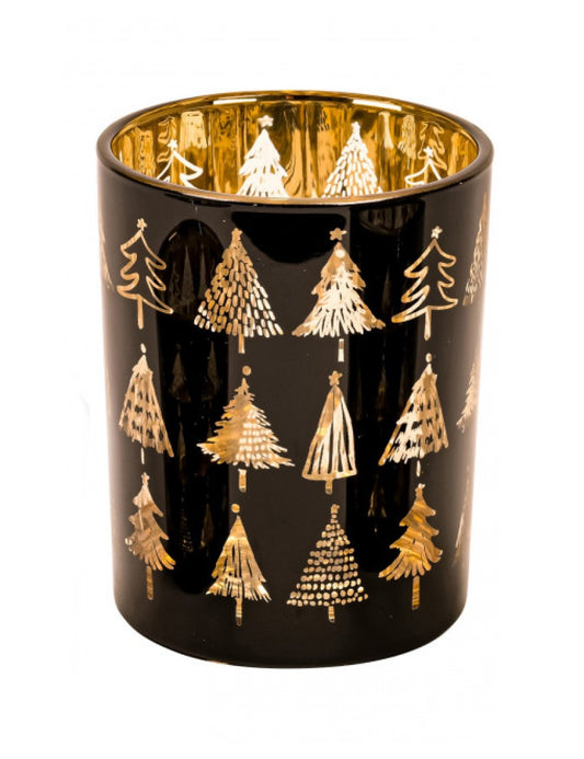 Zwarte glazen theelichthouders met gouden kerstbomen – keuze uit groot Ø10x12,5 cm of klein Ø7,3x8 cm
