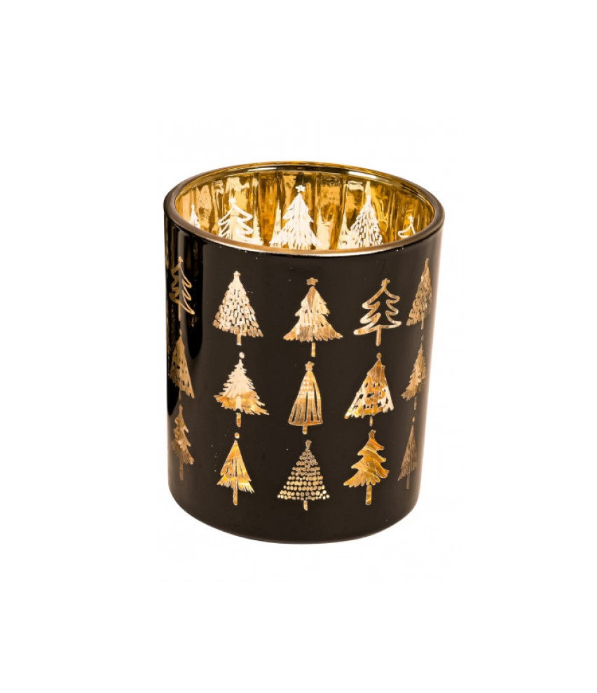 Theelichthouder Zwart Glas – Gouden Kerstbomen – 2 Maten