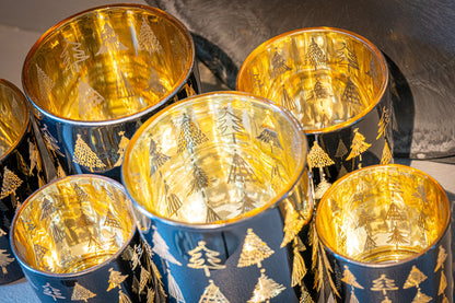 Theelichthouder Zwart Glas – Gouden Kerstbomen – 2 Maten