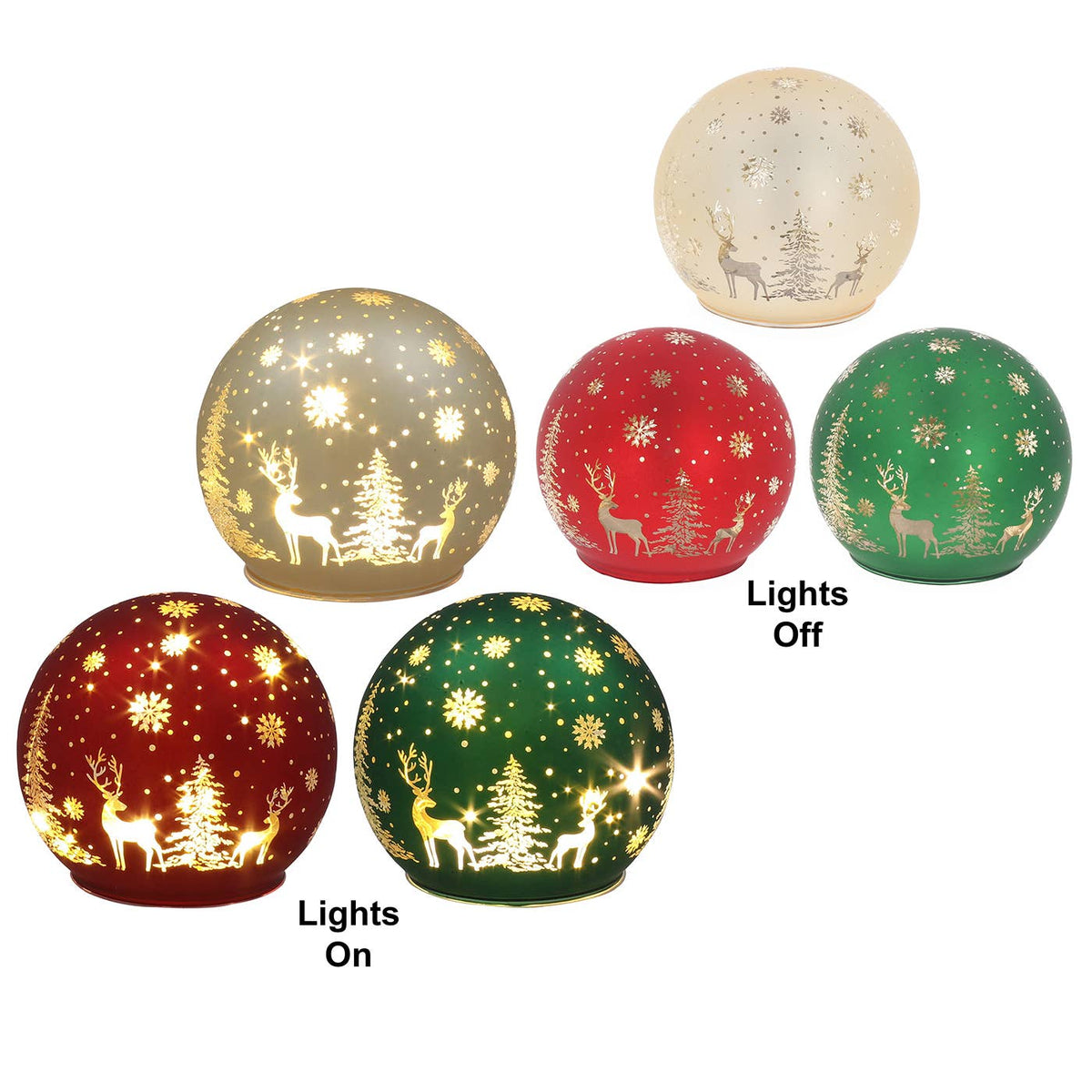 Glazen LED Kerstbal met Herten & Winterbos – Goud, Rood of Groen | 10 cm