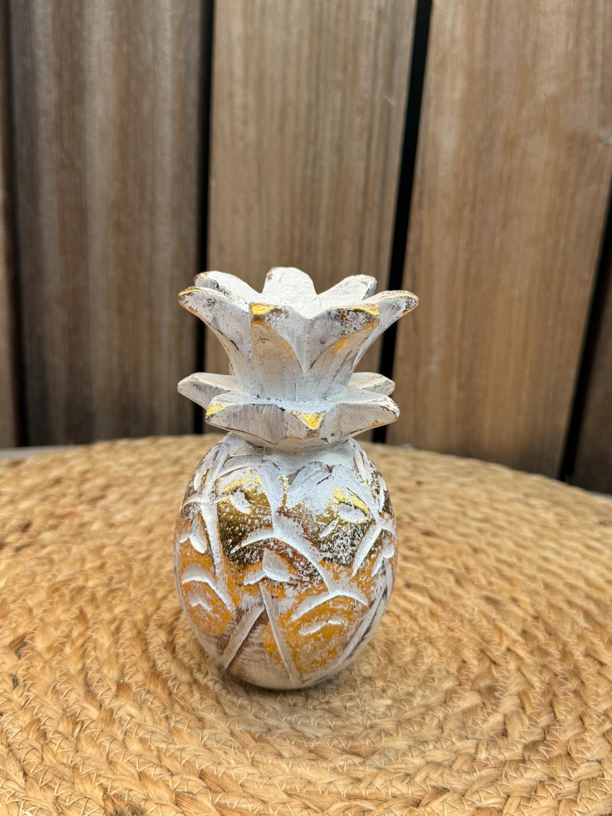 Handgemaakte Houten Ananas Decoratie – 12 cm – Wit of Wit/Goud | Bali