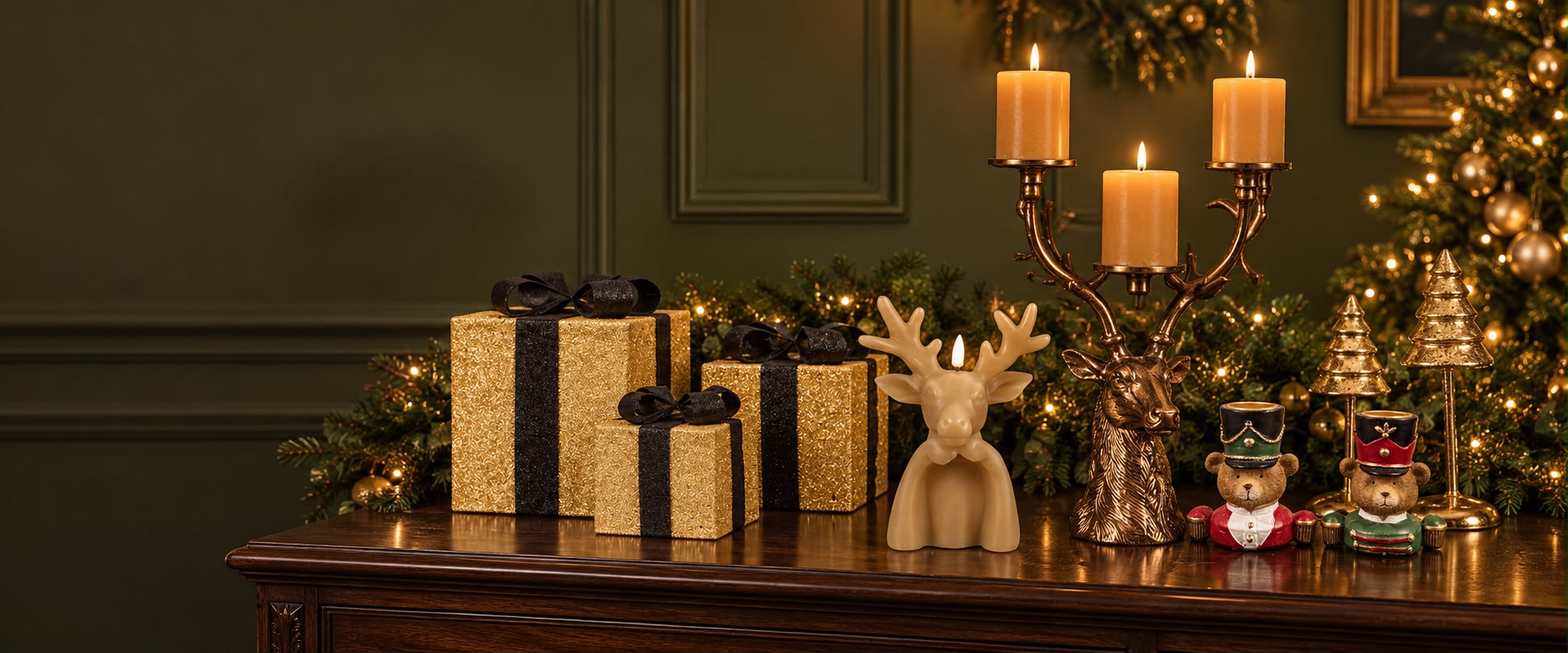 Luxe kerstbanner met gouden cadeaus, hertenkandelaar, rendierkaars, kerstbeertjes en gouden kerstboompjes.