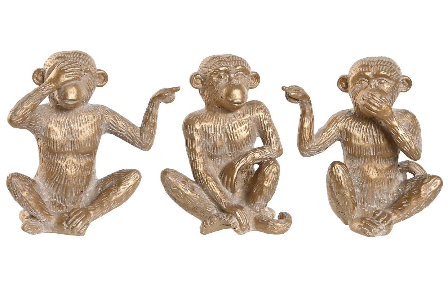 Set van 3 gouden apenbeeldjes – humoristisch decoratief beeld – 14 cm hoog – polyresin – unieke twist op klassiek motief