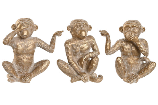 Set van 3 gouden apenbeeldjes – humoristisch decoratief beeld – 14 cm hoog – polyresin – unieke twist op klassiek motief